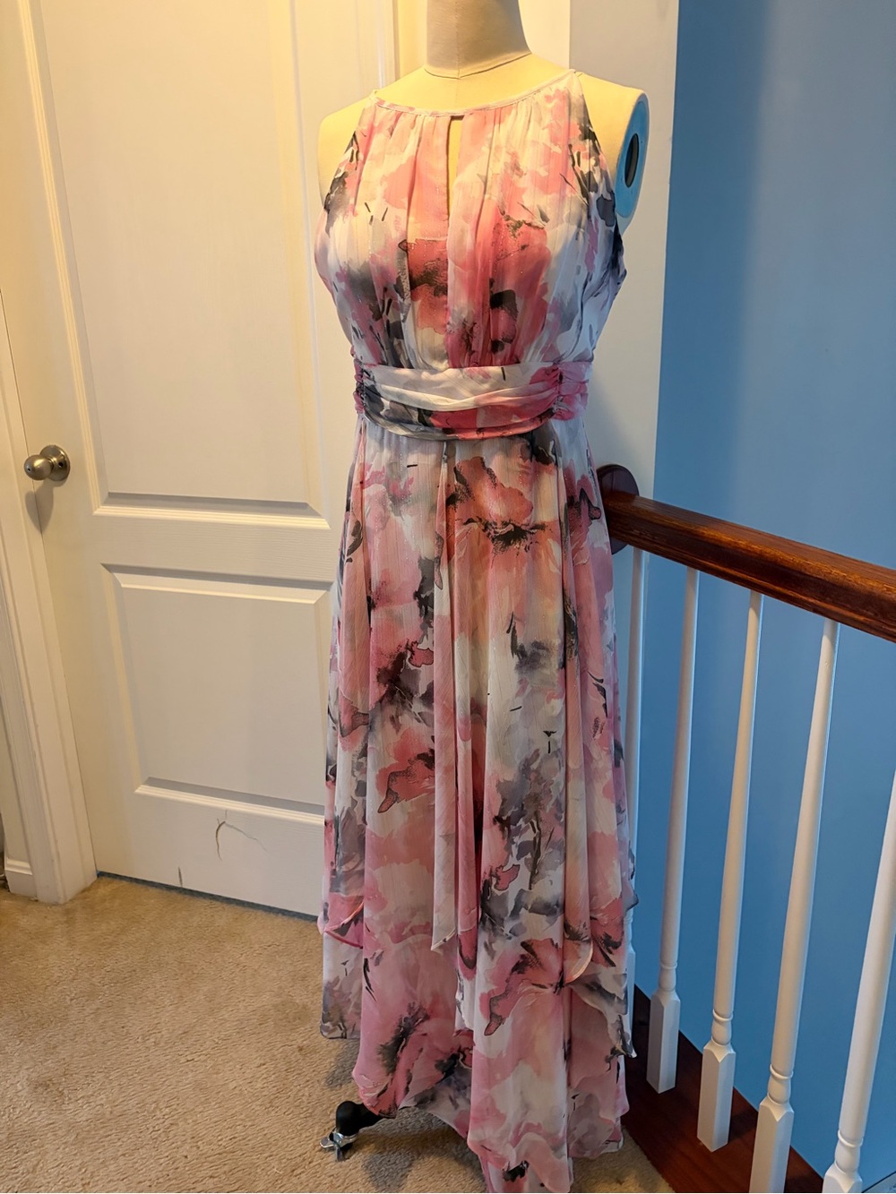 R&M Richards Pink Floral Halter Maxi Dress with Watercolor Print